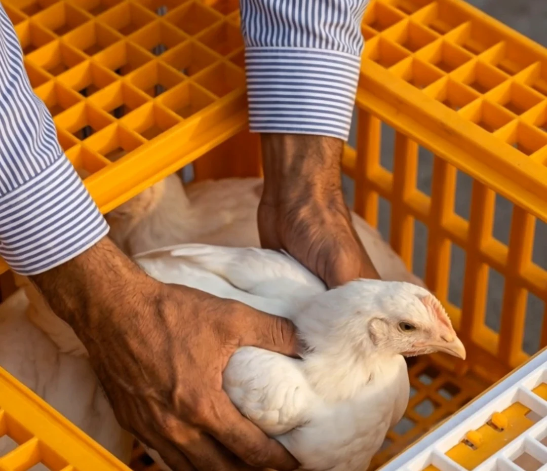 A chicken being placed into the crate through the sliding top door.