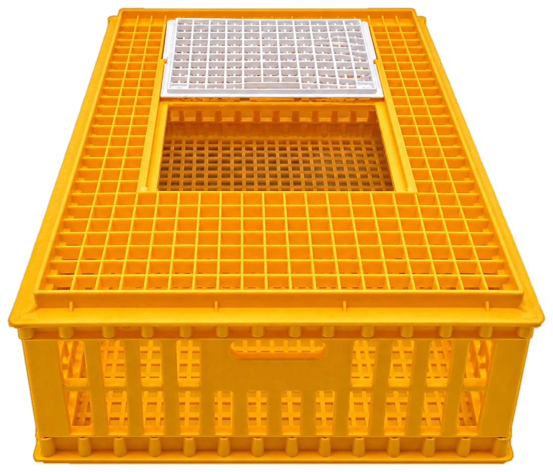 A Malta crate with the white sliding door drawn back, showing the rounded rim, the lattice and the hand grip.