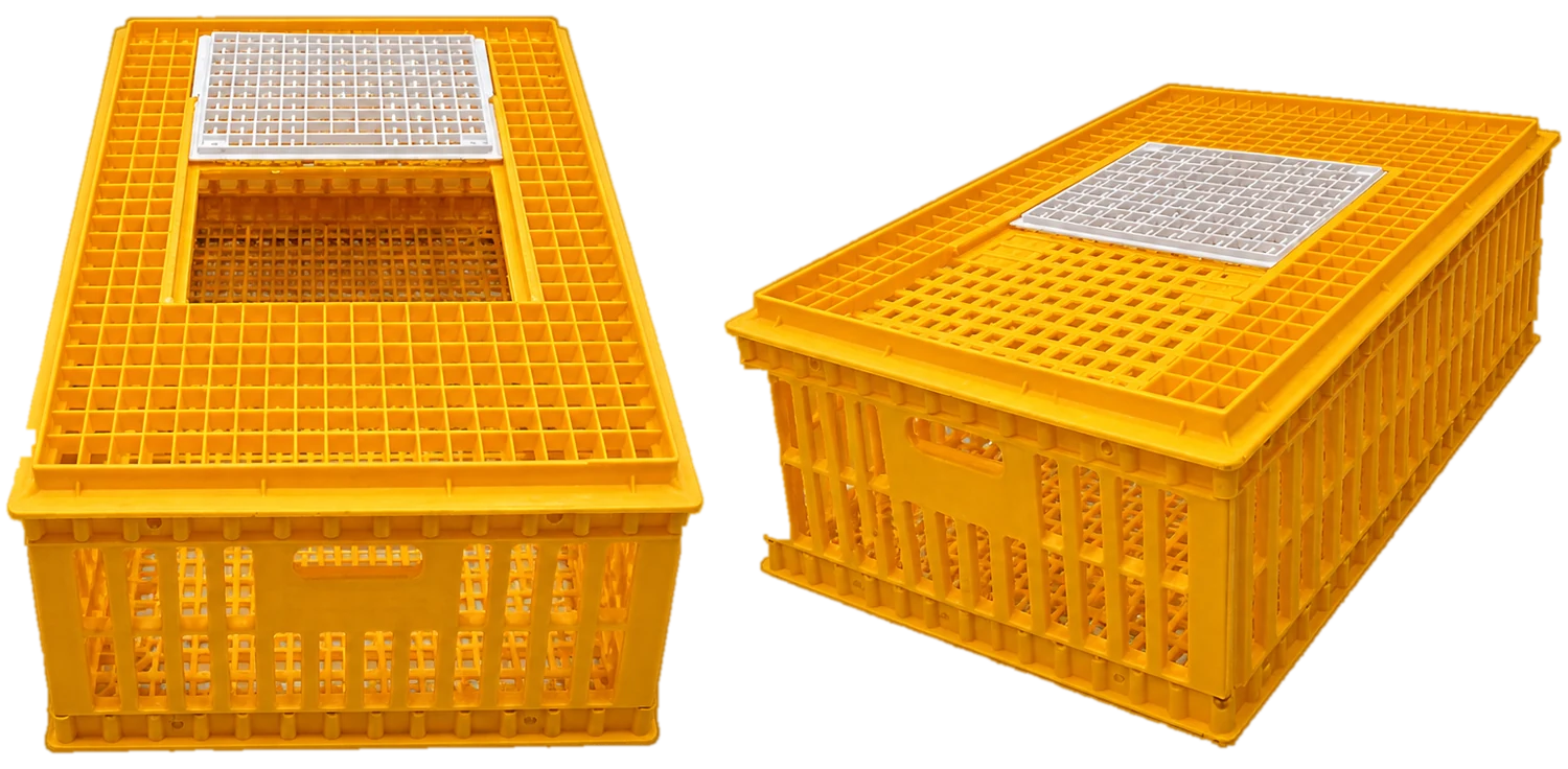 Two Malta crates side by side, one with the sliding door open and one closed.