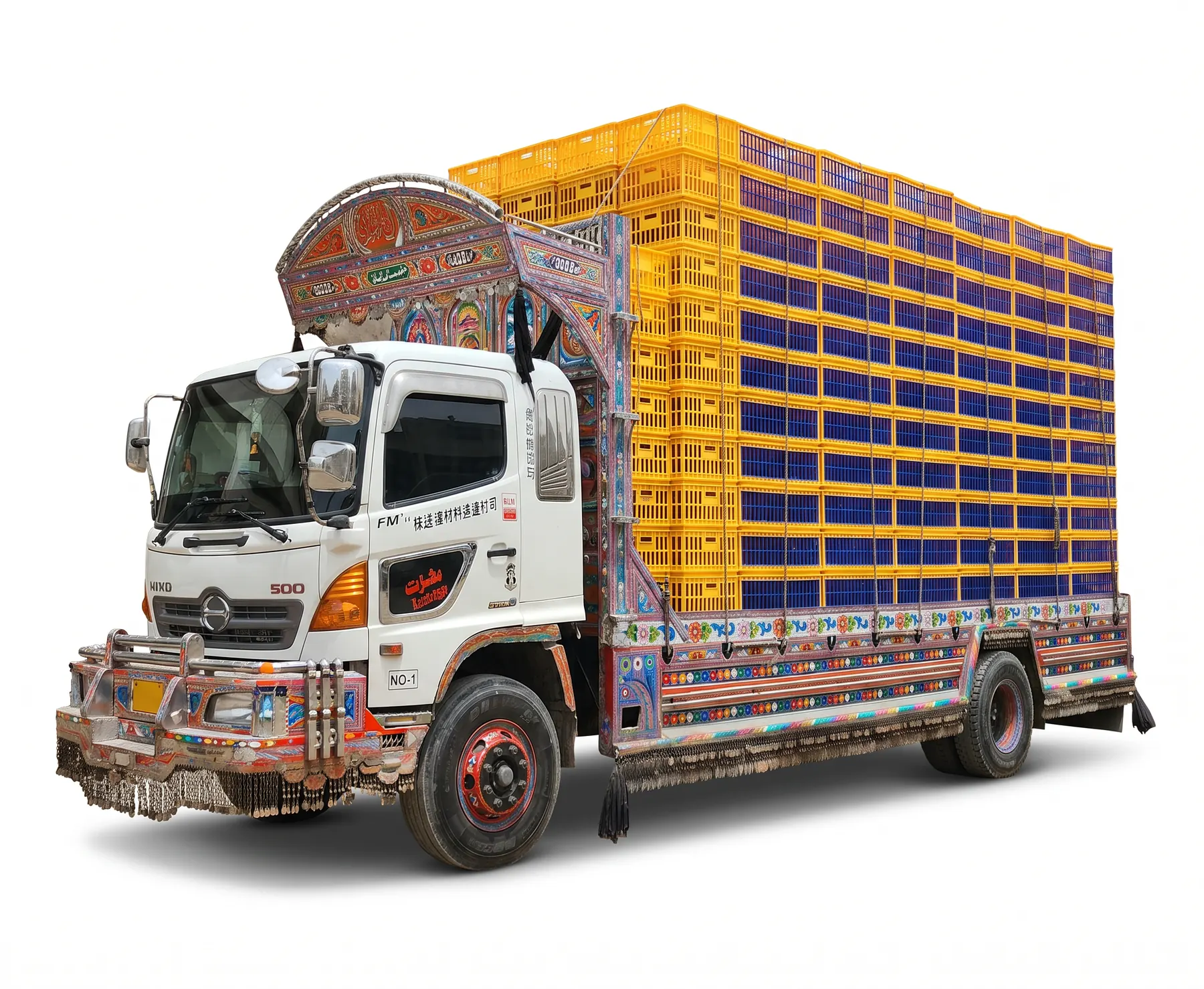 A decorated Pakistani truck loaded many tiers high with interlocked Malta crates, roped down for the road.